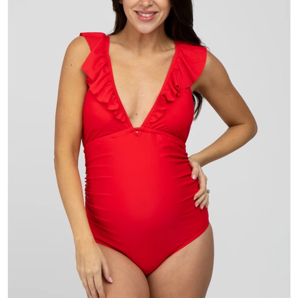 Pinkblush Red Ruffled V-Neck One Piece Maternity Swimsuit